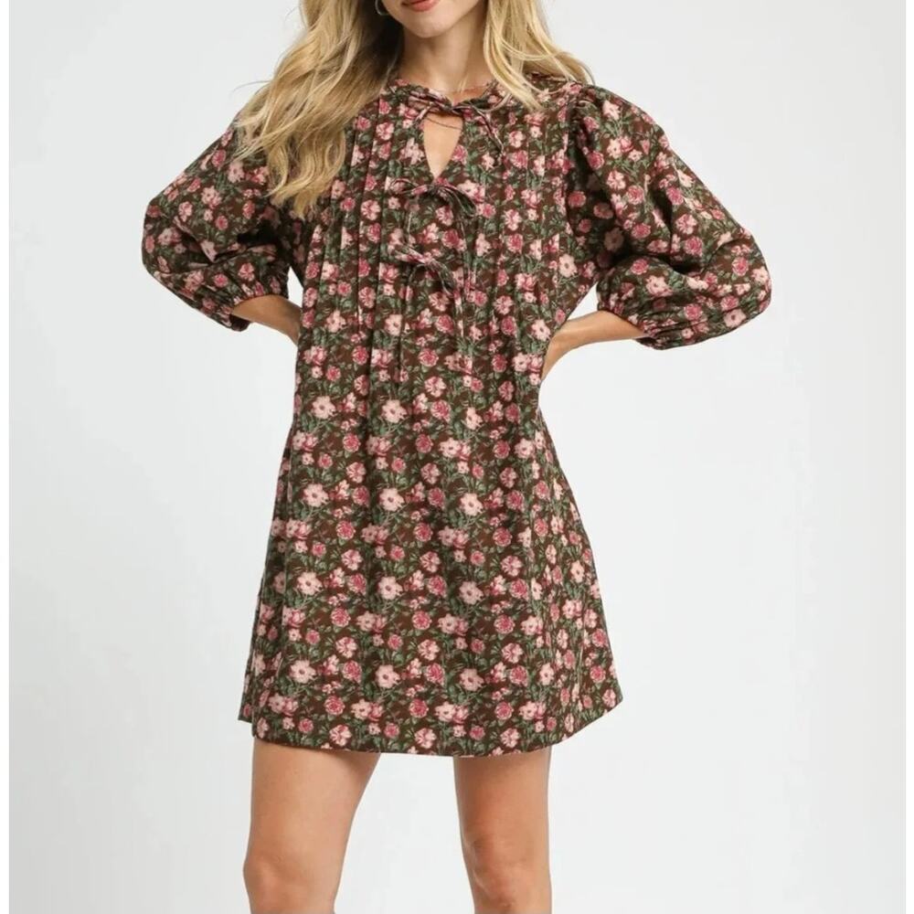Umgee Boho Floral Puff Sleeve Mini Dress Plus 2XL Cottagecore Pink Brown Tie